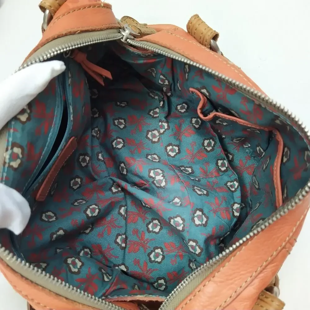 Fossil Orange Leather Floral Double Handles Zipper Closure Satchel Shoulder Bag